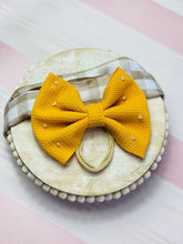 Load image into Gallery viewer, Yellow Headband, yellow bow, fall bow, fall hair clip, fall hair accessory, girl fall bow, girls fall bow, birthday bow, birthday hair
