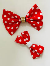 Load image into Gallery viewer, girls Minnie Mouse hair bows, red bows. girls red hair bows,back to school bows, polka dot bows
