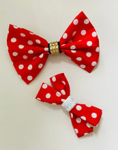 Load image into Gallery viewer, girls Minnie Mouse hair bows, red bows. girls red hair bows,back to school bows, polka dot bows
