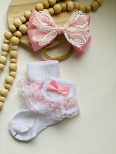 Load image into Gallery viewer, Baby girl Bow and socks set outfits , baby girl birthday bow and sock set, pink baby girl bow, girls set, pink girl hair accessory
