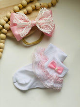 Load image into Gallery viewer, Baby girl Bow and socks set outfits , baby girl birthday bow and sock set, pink baby girl bow, girls set, pink girl hair accessory
