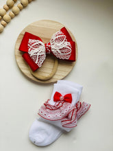 Load image into Gallery viewer, Baby girl red bow and sock set, baby girl red bow, baby girl red headband, Red bow set,Valentine  bow and sock set, birthday bow set
