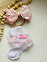 Load image into Gallery viewer, Baby girl Bow and socks set outfits , baby girl birthday bow and sock set, pink baby girl bow, girls set, pink girl hair accessory
