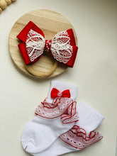 Load image into Gallery viewer, Baby girl red bow and sock set, baby girl red bow, baby girl red headband, Red bow set,Valentine  bow and sock set, birthday bow set
