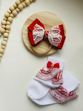 Load image into Gallery viewer, Baby girl red bow and sock set, baby girl red bow, baby girl red headband, Red bow set,Valentine  bow and sock set, birthday bow set
