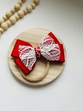 Load image into Gallery viewer, Baby girl red bow and sock set, baby girl red bow, baby girl red headband, Red bow set,Valentine  bow and sock set, birthday bow set
