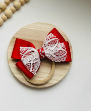 Load image into Gallery viewer, Baby girl red bow and sock set, baby girl red bow, baby girl red headband, Red bow set,Valentine  bow and sock set, birthday bow set
