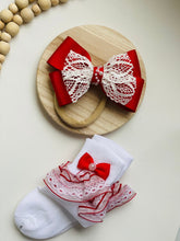 Load image into Gallery viewer, Baby girl red bow and sock set, baby girl red bow, baby girl red headband, Red bow set,Valentine  bow and sock set, birthday bow set
